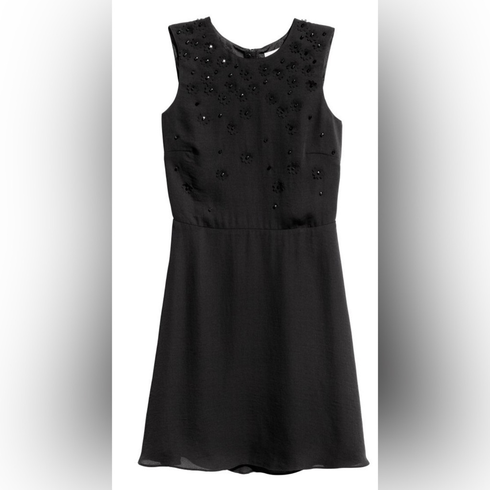 H&M Beaded Black Floral Appliqué Mini Dress, Size 6